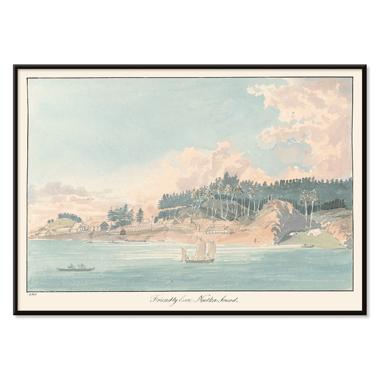 Seaside village painting by Charles Hamilton Smith titled Friendly Cove Nootka Sound Poster of a coastal landscape with sailboats and a forested hill titled Friendly Cove Nootka Sound by Charles Hamilton Smith