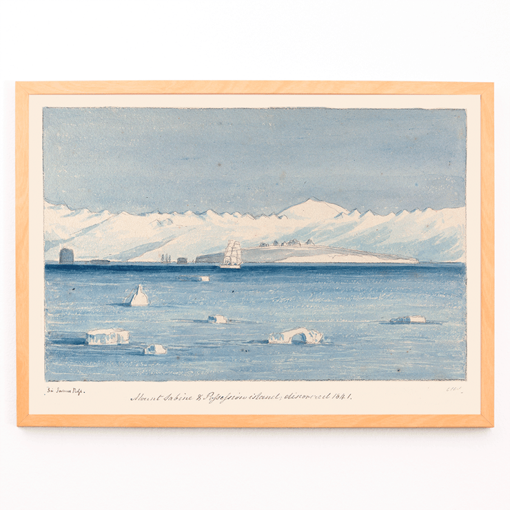 Painting of icy waters and distant mountains by Charles Hamilton Smith titled Mount Sabine and Possessions Island A poster titled Mount Sabine & Possessions Island by Charles Hamilton Smith depicting icy waters, a ship, and distant mountains.
