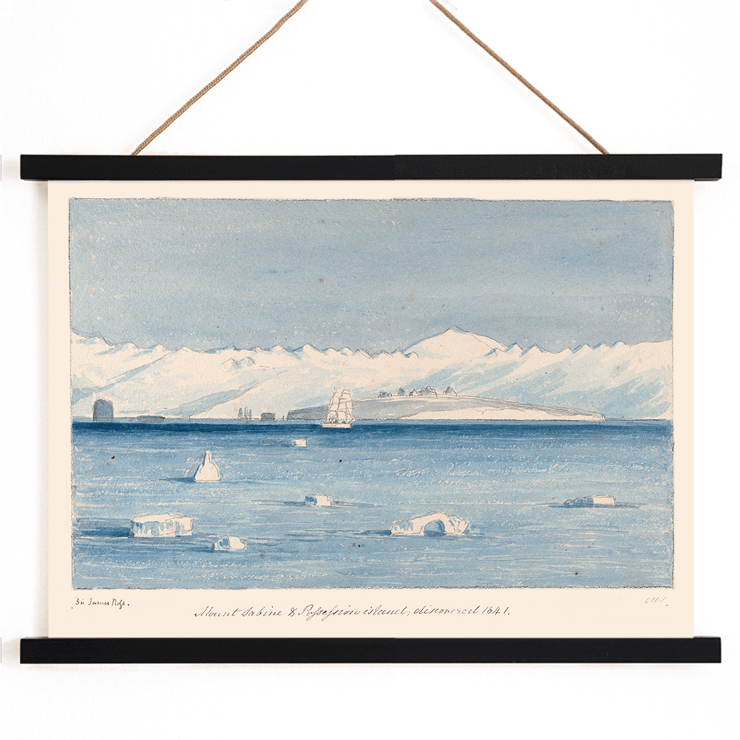 Painting of icy waters and distant mountains by Charles Hamilton Smith titled Mount Sabine and Possessions Island A poster titled Mount Sabine & Possessions Island by Charles Hamilton Smith depicting icy waters, a ship, and distant mountains.