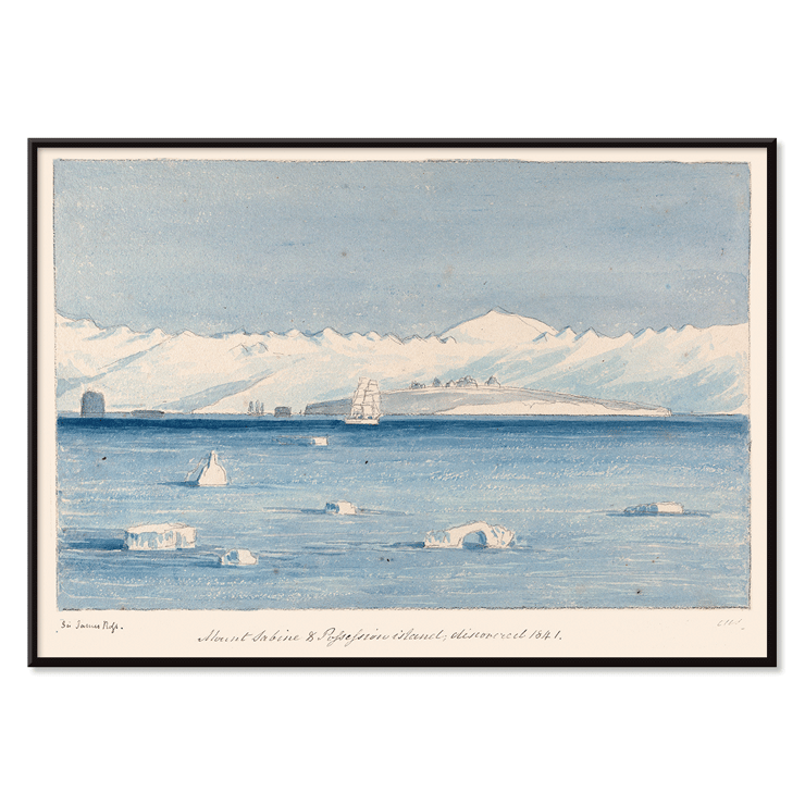 Painting of icy waters and distant mountains by Charles Hamilton Smith titled Mount Sabine and Possessions Island A poster titled Mount Sabine & Possessions Island by Charles Hamilton Smith depicting icy waters, a ship, and distant mountains.