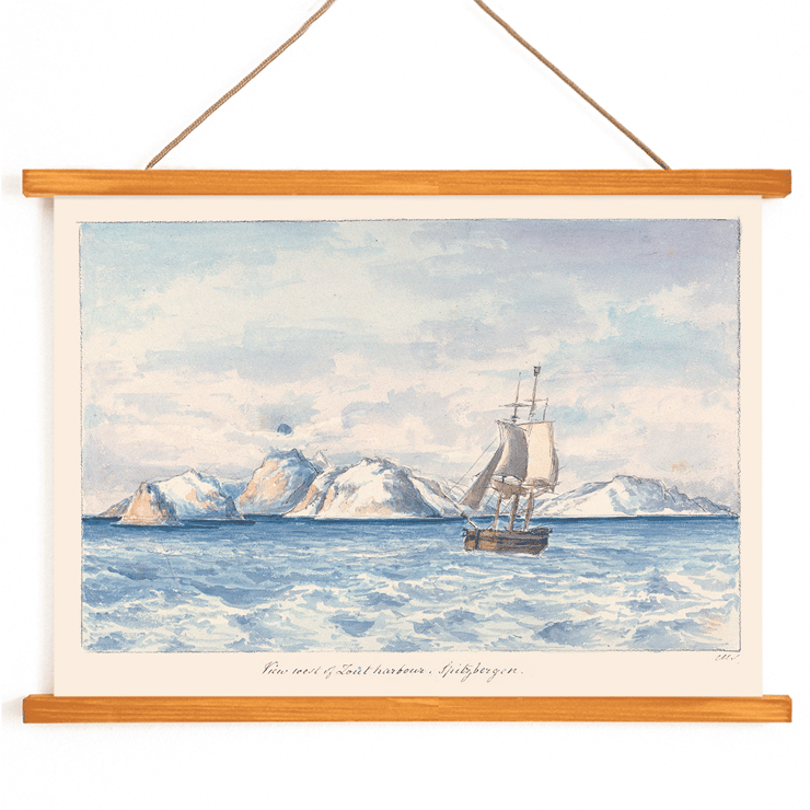 Painting of a sailing ship near snowy mountains in View West of Lout Harbour Spitzberger by Charles Hamilton Smith Poster of a painting titled View West of Lout Harbour; Spitzberger by Charles Hamilton Smith shows a sailboat and icy mountains in the background