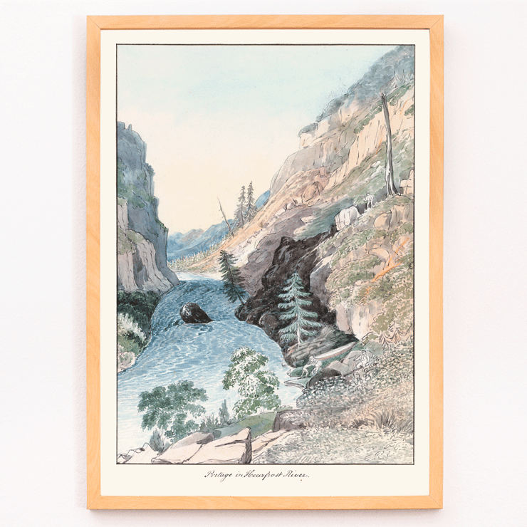 Painting Portage in Hoarfrost River by Charles Hamilton Smith depicting a scenic river landscape with rugged cliffs and trees Poster of a painting titled Portage in Hoarfrost River by Charles Hamilton Smith featuring a serene river running through a rocky canyon