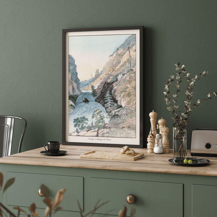 Painting Portage in Hoarfrost River by Charles Hamilton Smith depicting a scenic river landscape with rugged cliffs and trees Poster of a painting titled Portage in Hoarfrost River by Charles Hamilton Smith featuring a serene river running through a rocky canyon