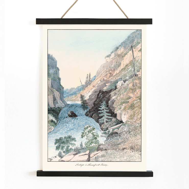 Painting Portage in Hoarfrost River by Charles Hamilton Smith depicting a scenic river landscape with rugged cliffs and trees Poster of a painting titled Portage in Hoarfrost River by Charles Hamilton Smith featuring a serene river running through a rocky canyon