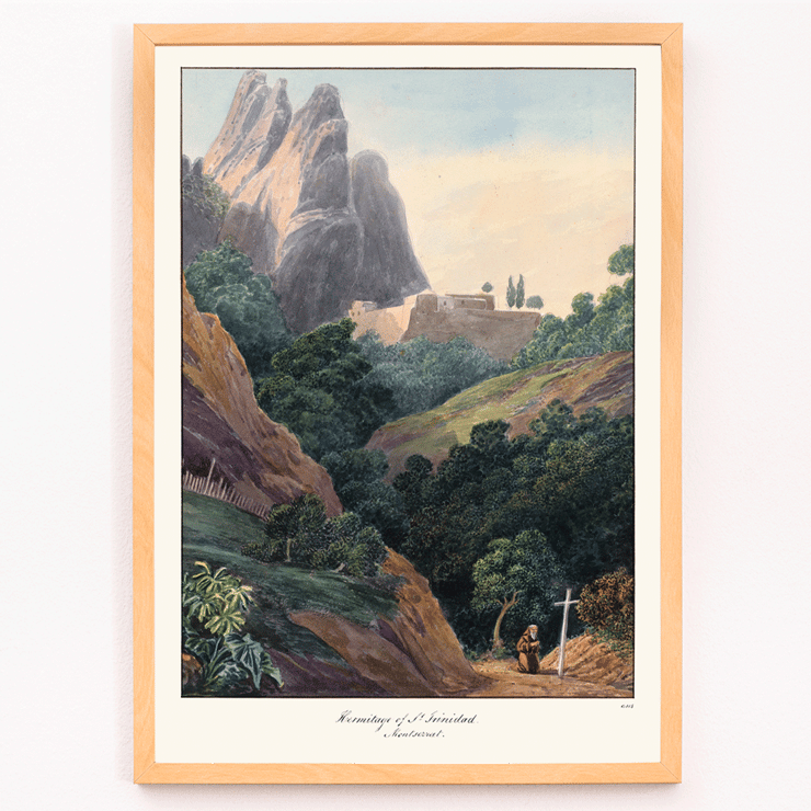 Painting of Hermitage of St. Trinidad at Montserrat by Charles Hamilton Smith Poster showing Hermitage of St. Trinidad Montserrat by Charles Hamilton Smith features a mountainous landscape with lush trees and a monk.
