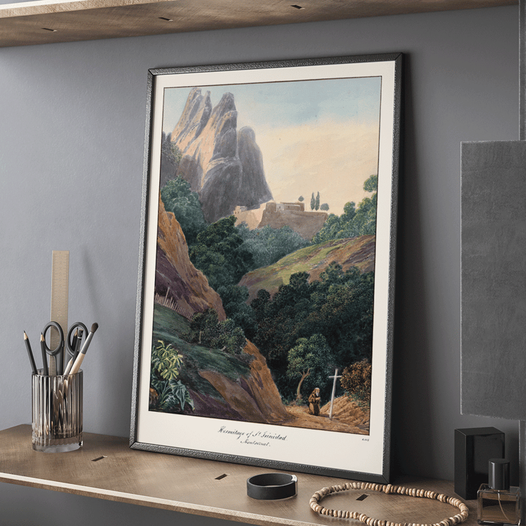 Painting of Hermitage of St. Trinidad at Montserrat by Charles Hamilton Smith Poster showing Hermitage of St. Trinidad Montserrat by Charles Hamilton Smith features a mountainous landscape with lush trees and a monk.