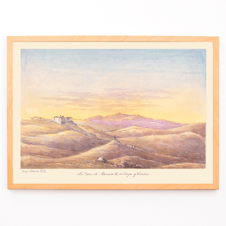 Artwork titled La Fuen de Munia & Village of Cortes by Charles Hamilton Smith illustrating a scenic landscape. Poster of La Fuen de Munia & Village of Cortes by Charles Hamilton Smith showing a landscape with hills and a distant village