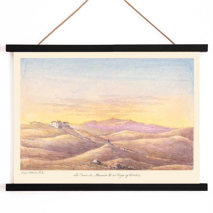 Artwork titled La Fuen de Munia & Village of Cortes by Charles Hamilton Smith illustrating a scenic landscape. Poster of La Fuen de Munia & Village of Cortes by Charles Hamilton Smith showing a landscape with hills and a distant village