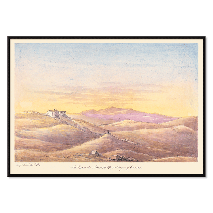 Artwork titled La Fuen de Munia & Village of Cortes by Charles Hamilton Smith illustrating a scenic landscape. Poster of La Fuen de Munia & Village of Cortes by Charles Hamilton Smith showing a landscape with hills and a distant village
