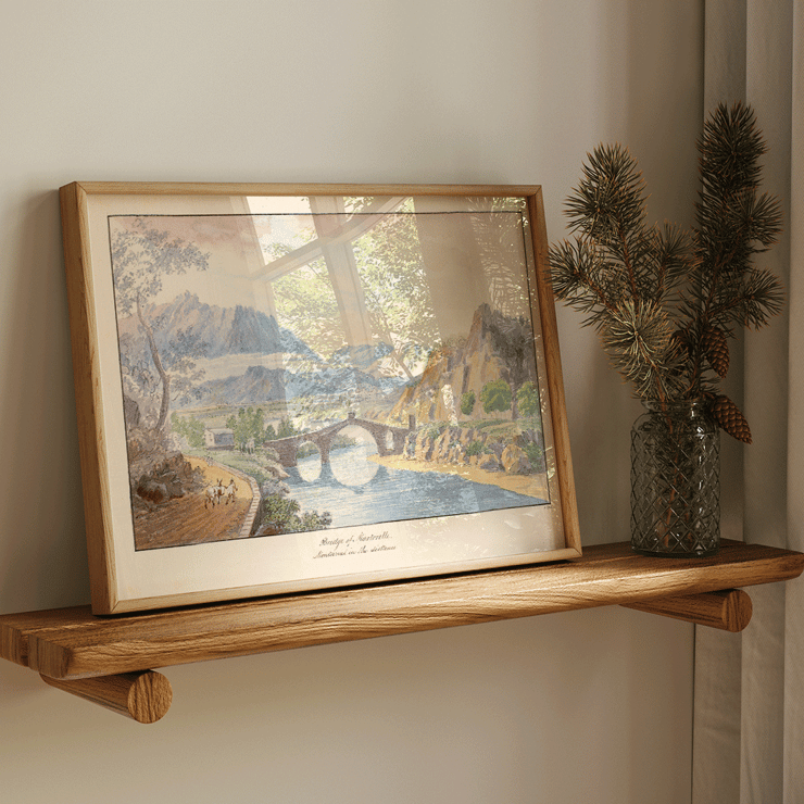 Bridge of Martorelle by Charles Hamilton Smith showing a scenic landscape with mountains and a stone bridge over a river Poster of Bridge of Martorelle by Charles Hamilton Smith depicting a stone bridge over a river with mountains in the background