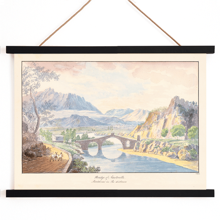 Bridge of Martorelle by Charles Hamilton Smith showing a scenic landscape with mountains and a stone bridge over a river Poster of Bridge of Martorelle by Charles Hamilton Smith depicting a stone bridge over a river with mountains in the background