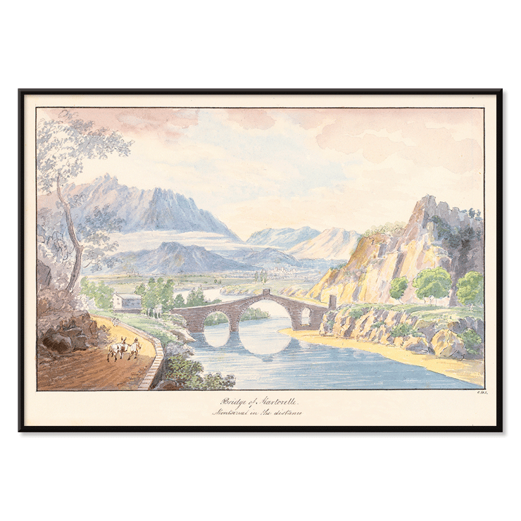 Bridge of Martorelle by Charles Hamilton Smith showing a scenic landscape with mountains and a stone bridge over a river Poster of Bridge of Martorelle by Charles Hamilton Smith depicting a stone bridge over a river with mountains in the background