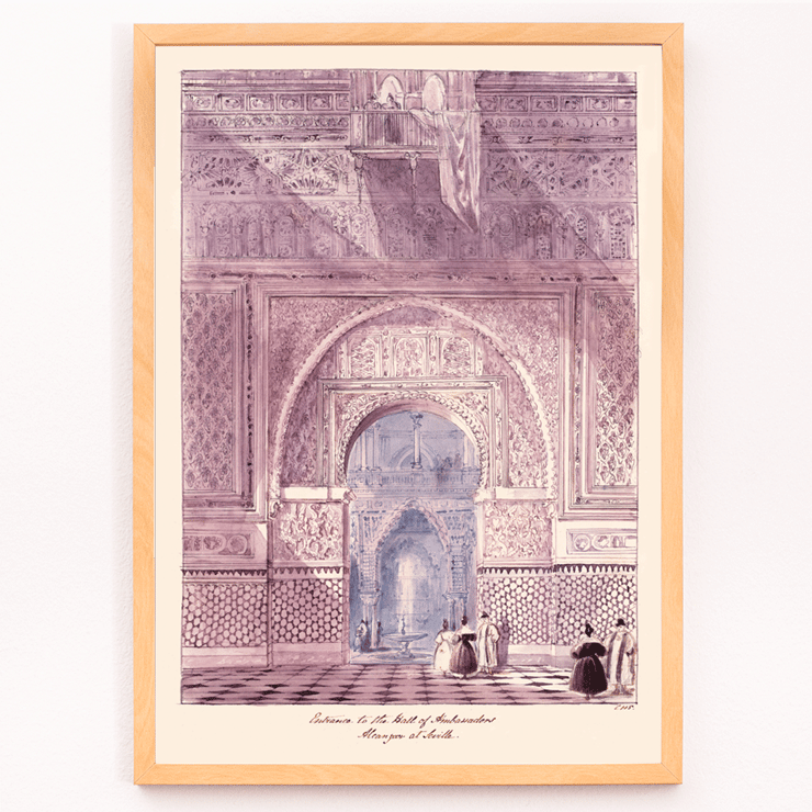 Charles Hamilton Smith painting Entrance to the Hall of Ambassadors Alcazar at Seville depicting detailed architectural scene with figures Poster showing intricate architectural details of Entrance to the Hall of Ambassadors Alcazar at Seville by Charles Hamilton Smith