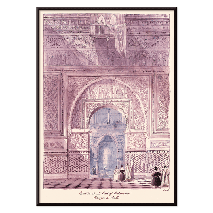 Charles Hamilton Smith painting Entrance to the Hall of Ambassadors Alcazar at Seville depicting detailed architectural scene with figures Poster showing intricate architectural details of Entrance to the Hall of Ambassadors Alcazar at Seville by Charles Hamilton Smith