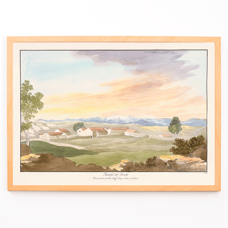 A serene landscape of rural buildings at sunset Quintel do Brula by Charles Hamilton Smith. Poster of Quintel do Brula by Charles Hamilton Smith showing a landscape with houses, trees, mountains and a colorful sky.