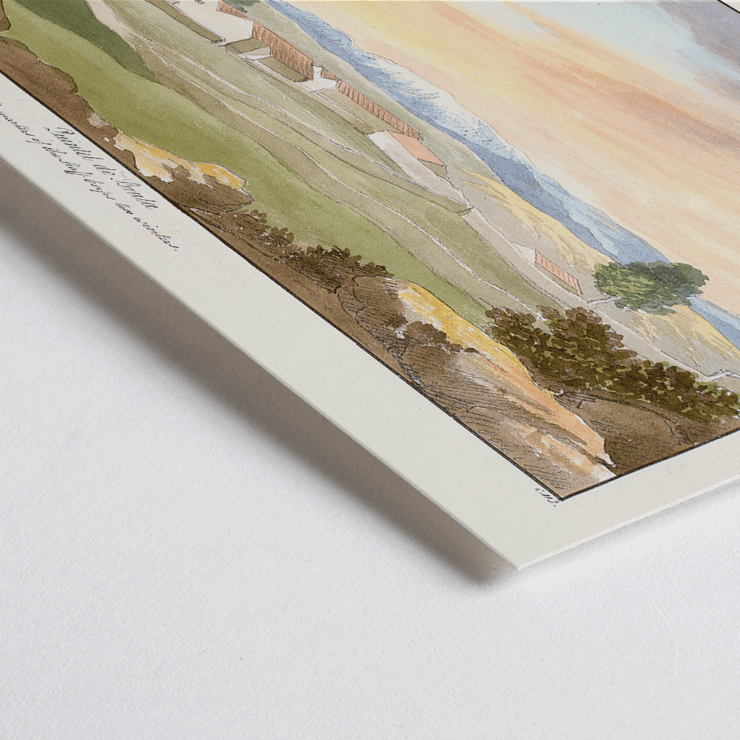 A serene landscape of rural buildings at sunset Quintel do Brula by Charles Hamilton Smith. Poster of Quintel do Brula by Charles Hamilton Smith showing a landscape with houses, trees, mountains and a colorful sky.