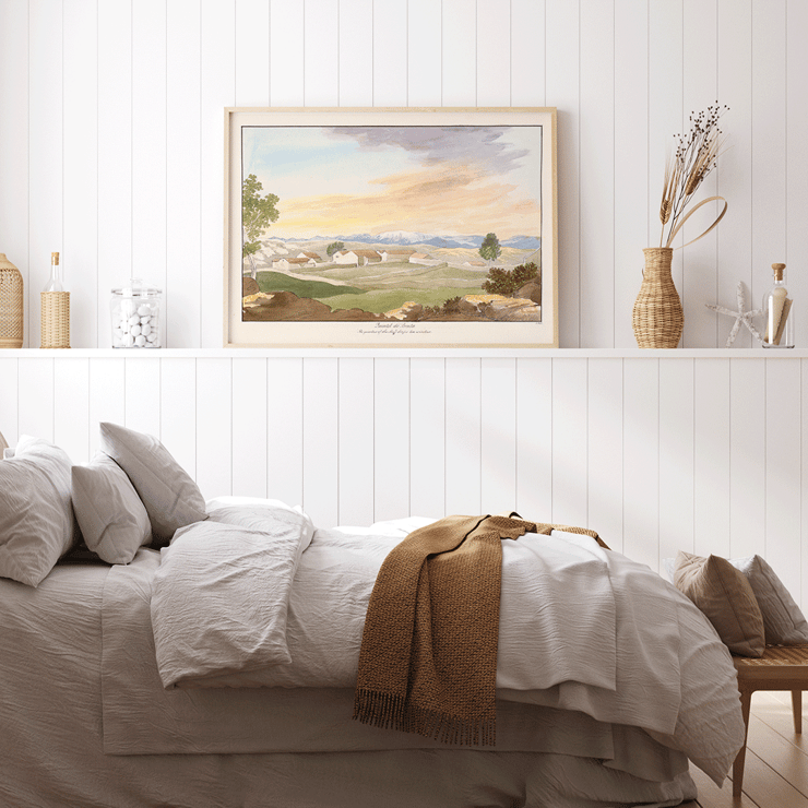 A serene landscape of rural buildings at sunset Quintel do Brula by Charles Hamilton Smith. Poster of Quintel do Brula by Charles Hamilton Smith showing a landscape with houses, trees, mountains and a colorful sky.