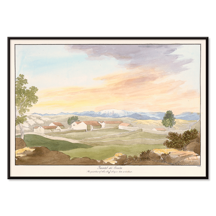 A serene landscape of rural buildings at sunset Quintel do Brula by Charles Hamilton Smith. Poster of Quintel do Brula by Charles Hamilton Smith showing a landscape with houses, trees, mountains and a colorful sky.