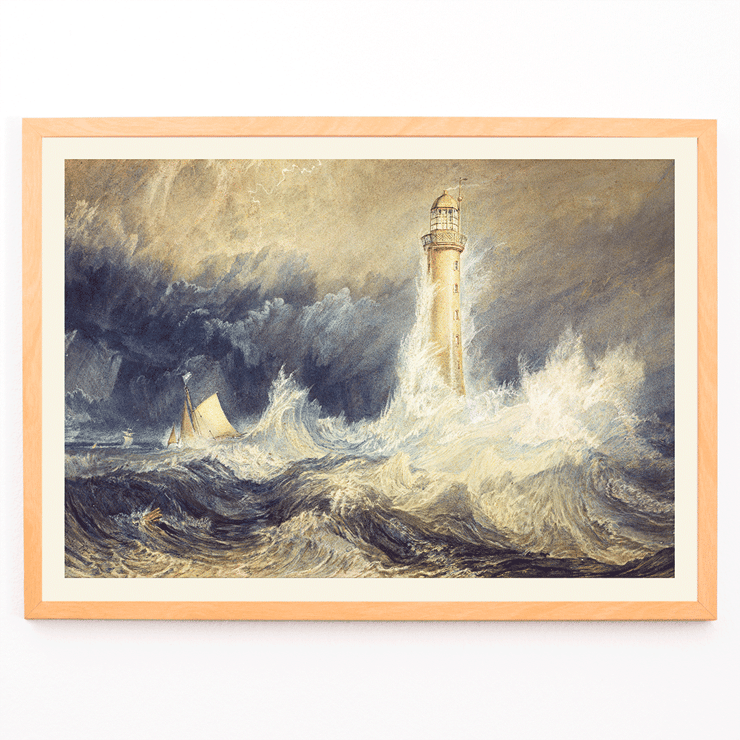 Bell Rock Lighthouse by Joseph Mallord William Turner depicting a stormy sea with towering waves and a sailboat in the distance Poster of Bell Rock Lighthouse by Joseph Mallord William Turner depicting a lighthouse amidst stormy seas and turbulent waves