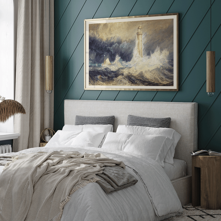 Bell Rock Lighthouse by Joseph Mallord William Turner depicting a stormy sea with towering waves and a sailboat in the distance Poster of Bell Rock Lighthouse by Joseph Mallord William Turner depicting a lighthouse amidst stormy seas and turbulent waves