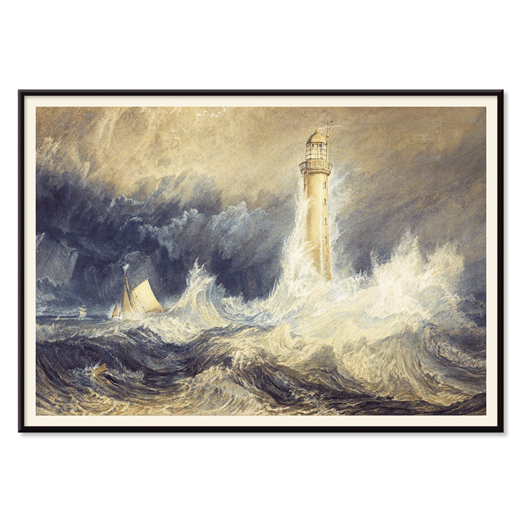 Bell Rock Lighthouse by Joseph Mallord William Turner depicting a stormy sea with towering waves and a sailboat in the distance Poster of Bell Rock Lighthouse by Joseph Mallord William Turner depicting a lighthouse amidst stormy seas and turbulent waves