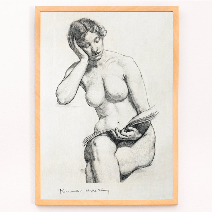 Nude female figure seated reading by Kenion Cox titled Nude Study 1896 Poster of Nude Study by Kenion Cox featuring a pencil sketch of a seated nude woman reading a book with a contemplative expression.