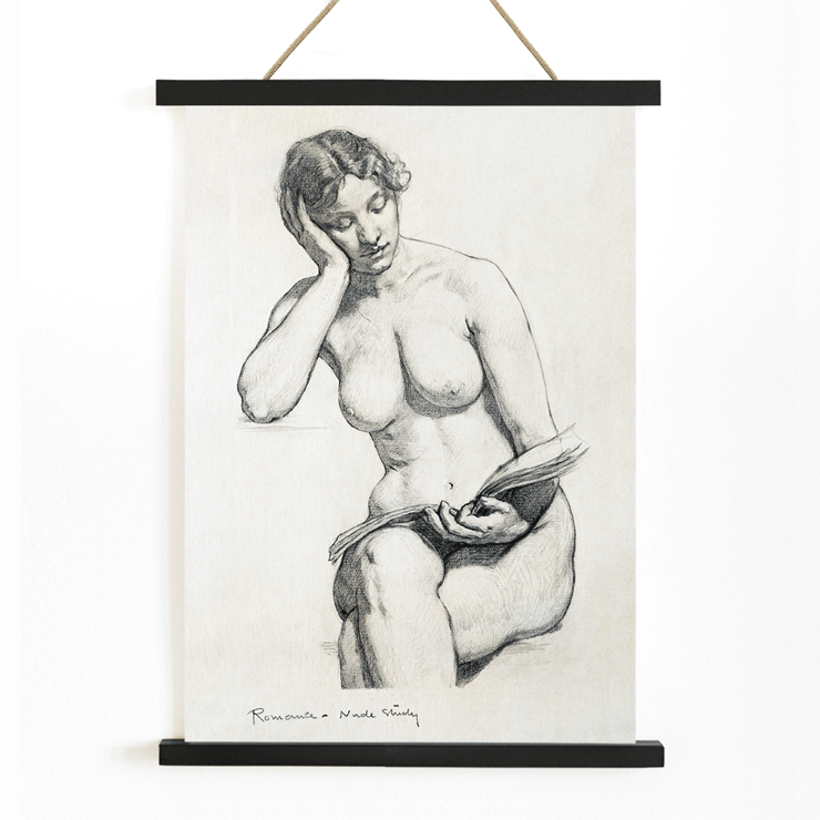 Nude female figure seated reading by Kenion Cox titled Nude Study 1896 Poster of Nude Study by Kenion Cox featuring a pencil sketch of a seated nude woman reading a book with a contemplative expression.