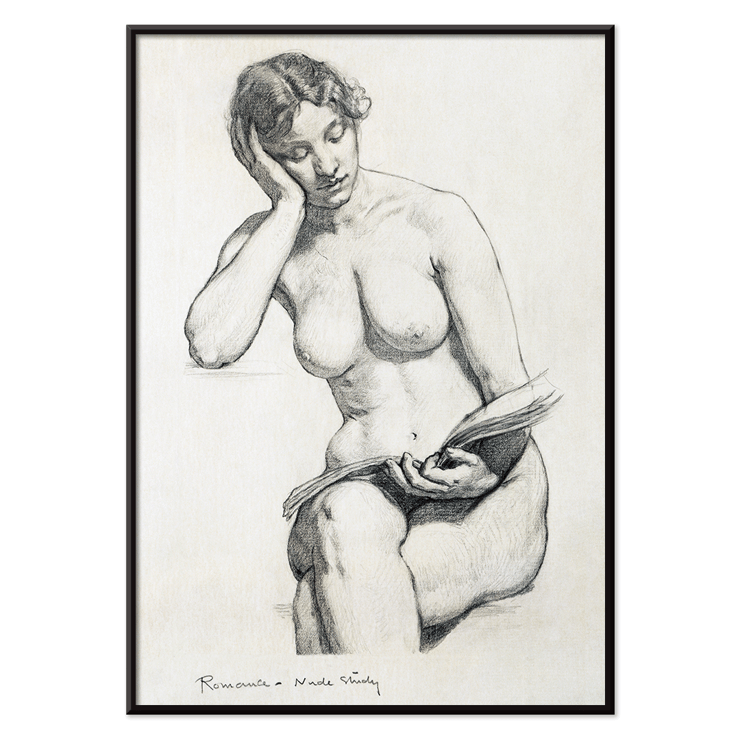 Nude female figure seated reading by Kenion Cox titled Nude Study 1896 Poster of Nude Study by Kenion Cox featuring a pencil sketch of a seated nude woman reading a book with a contemplative expression.