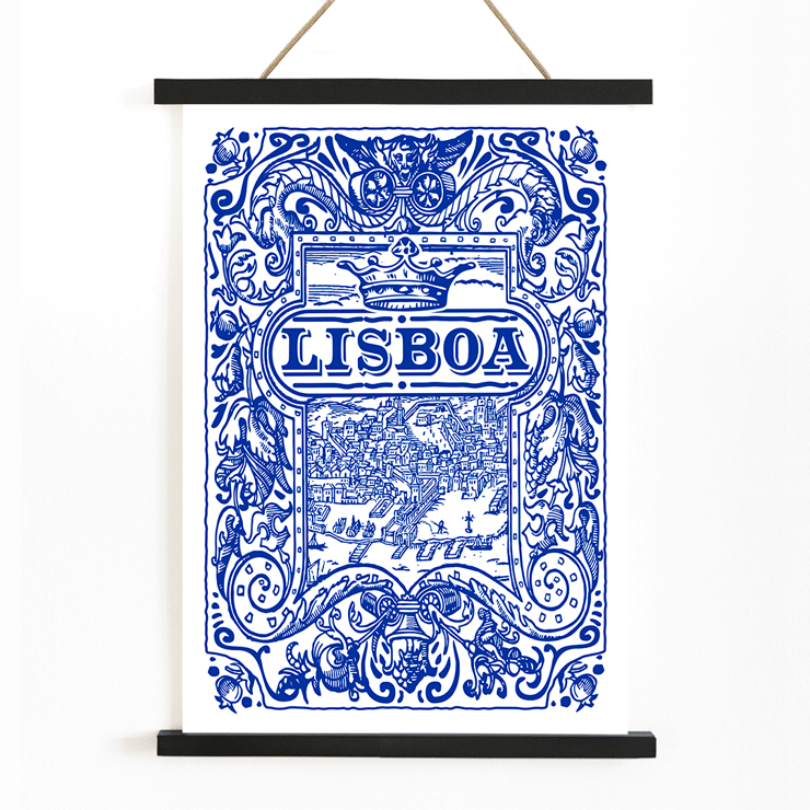 Artistic depiction of Lisbon in blue decorative azulejos by Lisbon Azulejo Blue painted tile 2 Poster featuring intricate blue and white Lisbon cityscape and ornate designs titled Lisbon Azulejo Blue painted tile 2.