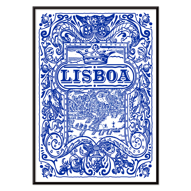 Artistic depiction of Lisbon in blue decorative azulejos by Lisbon Azulejo Blue painted tile 2 Poster featuring intricate blue and white Lisbon cityscape and ornate designs titled Lisbon Azulejo Blue painted tile 2.
