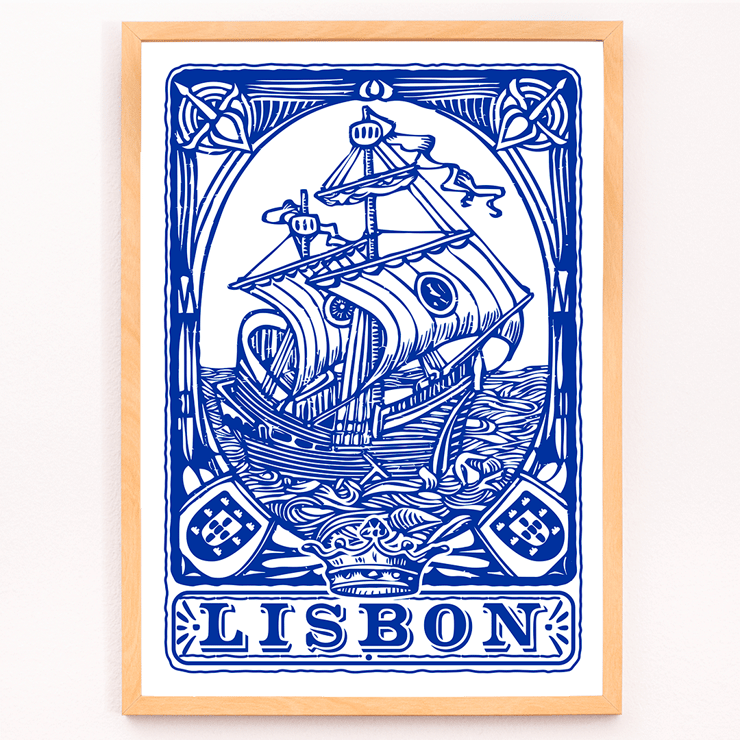 Azulejo tile artwork by Lisbon Azulejo featuring a blue painted ship titled Blue painted tile 1 Poster featuring a blue painted tile depicting a ship with the word Lisbon beneath it Lisbon Azulejo Blue painted tile 1