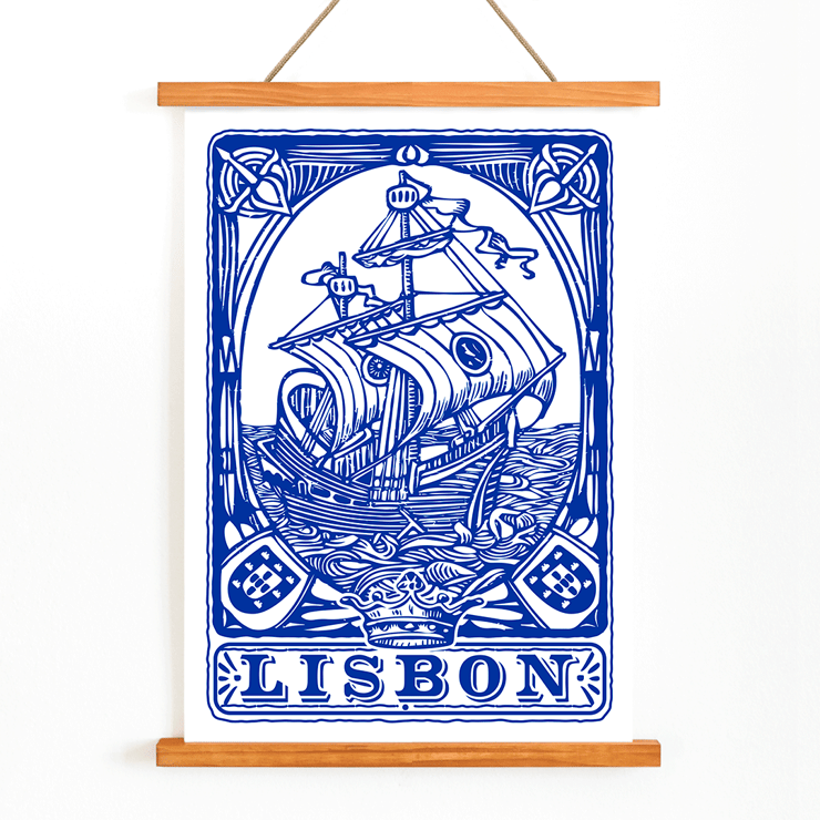 Azulejo tile artwork by Lisbon Azulejo featuring a blue painted ship titled Blue painted tile 1 Poster featuring a blue painted tile depicting a ship with the word Lisbon beneath it Lisbon Azulejo Blue painted tile 1