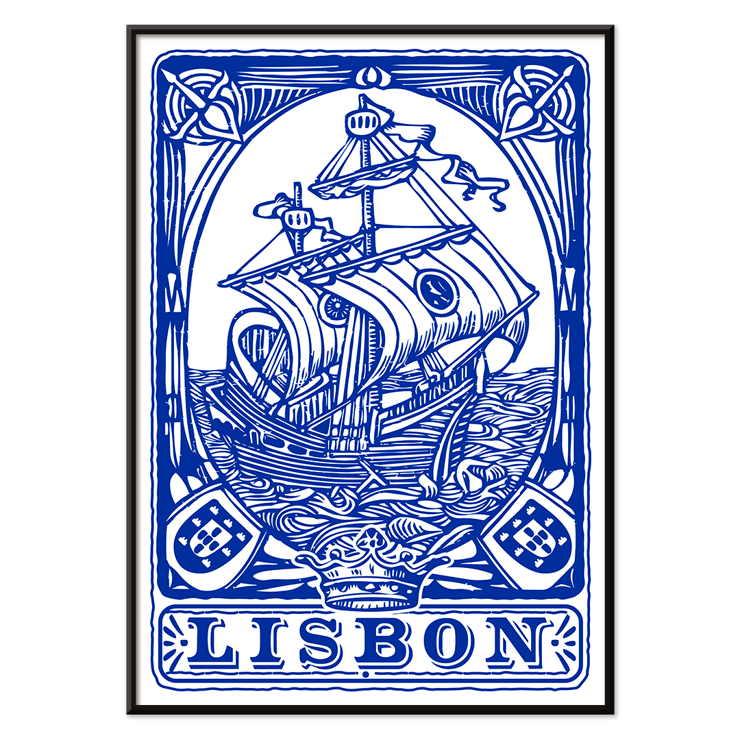 Azulejo tile artwork by Lisbon Azulejo featuring a blue painted ship titled Blue painted tile 1 Poster featuring a blue painted tile depicting a ship with the word Lisbon beneath it Lisbon Azulejo Blue painted tile 1