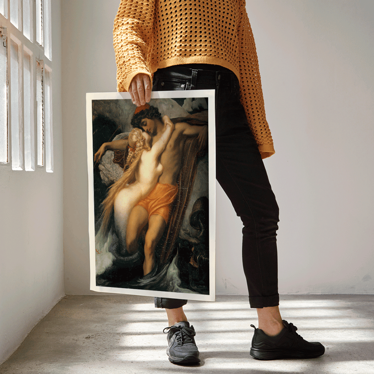 The Fisherman And The Syren by Frederic Leighton depicting a mythological scene with a fisherman and a siren Poster of The Fisherman And The Syren by Frederic Leighton depicting a fisherman embraced by a mermaid in a mythical scene.