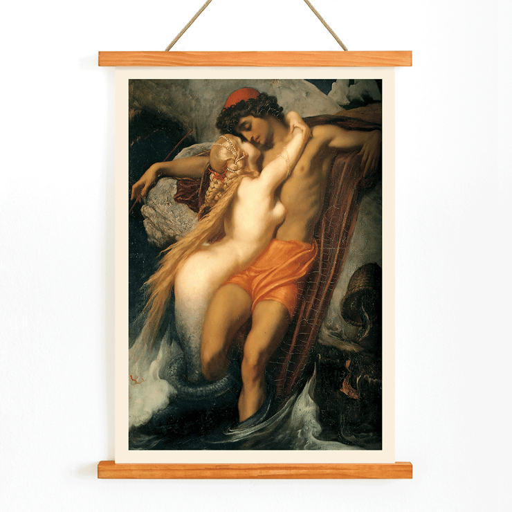 The Fisherman And The Syren by Frederic Leighton depicting a mythological scene with a fisherman and a siren Poster of The Fisherman And The Syren by Frederic Leighton depicting a fisherman embraced by a mermaid in a mythical scene.
