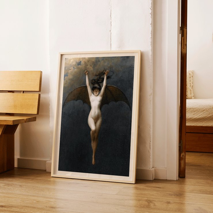 The Bat-Woman by Albert Joseph Pénot depicting a mythical figure with bat wings against a cloudy sky. Poster of a woman with bat wings floating against a dark sky titled The Bat-Woman by Albert Joseph Pénot