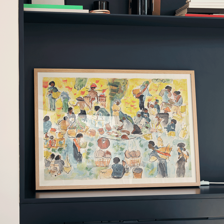 Vibrant market activity depicted in Market scene in the Dutch East Indies by Pierre Jean Apol. Poster of a vibrant market scene in the Dutch East Indies by Pierre Jean Apol featuring bustling merchants and colorful goods.