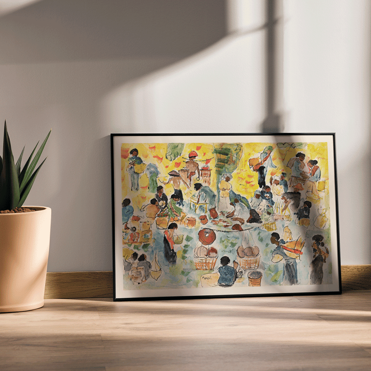 Vibrant market activity depicted in Market scene in the Dutch East Indies by Pierre Jean Apol. Poster of a vibrant market scene in the Dutch East Indies by Pierre Jean Apol featuring bustling merchants and colorful goods.