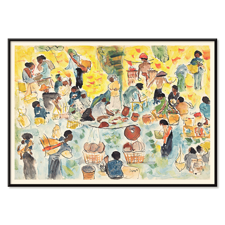 Vibrant market activity depicted in Market scene in the Dutch East Indies by Pierre Jean Apol. Poster of a vibrant market scene in the Dutch East Indies by Pierre Jean Apol featuring bustling merchants and colorful goods.