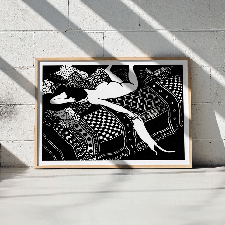 La Paresse by Félix Emile-Jean Vallotton depicts a person lounging on a patterned bed with a cat stretching beside them. Poster of a woman reclining with a cat on a patterned bed La Paresse by Félix Emile-Jean Vallotton
