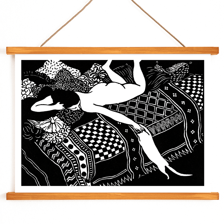 La Paresse by Félix Emile-Jean Vallotton depicts a person lounging on a patterned bed with a cat stretching beside them. Poster of a woman reclining with a cat on a patterned bed La Paresse by Félix Emile-Jean Vallotton