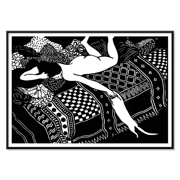 La Paresse by Félix Emile-Jean Vallotton depicts a person lounging on a patterned bed with a cat stretching beside them. Poster of a woman reclining with a cat on a patterned bed La Paresse by Félix Emile-Jean Vallotton