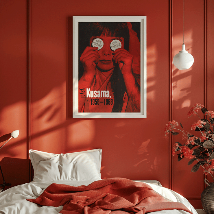 Ritratto dai toni rossi di Yayoi Kusama intitolato Love Forever. Poster raffigura una ragazza sui toni del rosso che tiene in mano cartelli circolari con la scritta Love Forever, realizzata dall'artista Yayoi Kusama.