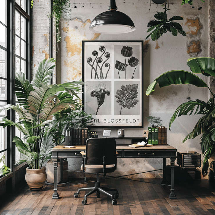 Karl Blossfeldt Flowers Poster 2 botanical art print with four detailed plant images. Black and white botanical images by Karl Blossfeldt posted on a wall showcasing various intricate plant forms and structures.