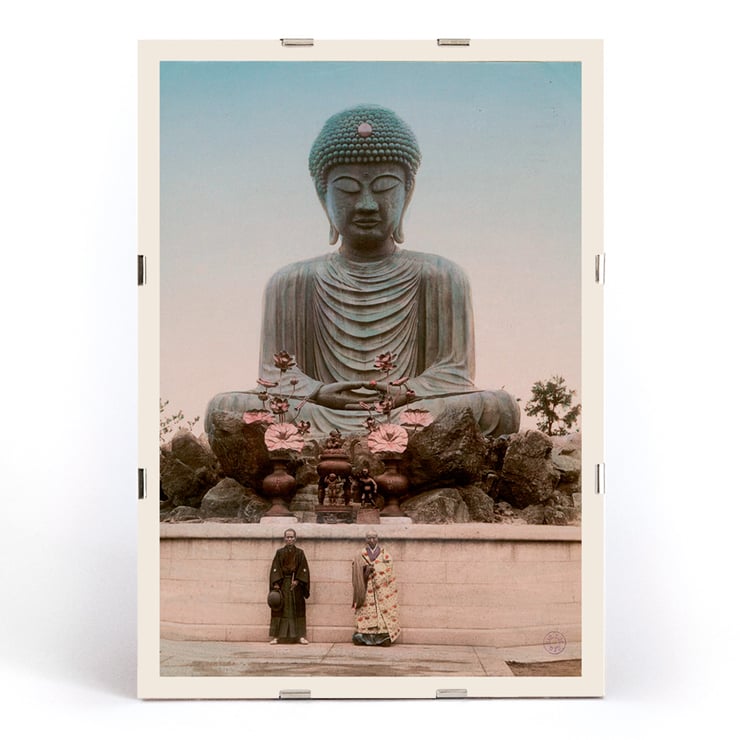 Large Buddha by Kinbei Kusakabe featuring a serene statue with two people standing in front. Poster of Large Buddha with two people in front by artist Kinbei Kusakabe featuring a serene statue surrounded by flowers.