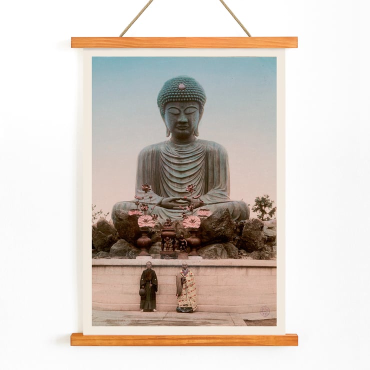 Large Buddha by Kinbei Kusakabe featuring a serene statue with two people standing in front. Poster of Large Buddha with two people in front by artist Kinbei Kusakabe featuring a serene statue surrounded by flowers.