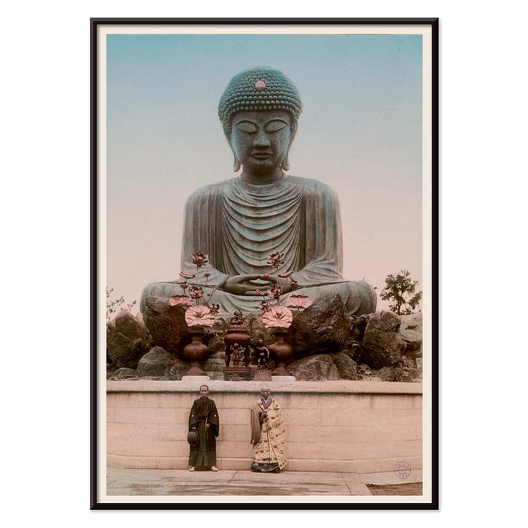 Large Buddha by Kinbei Kusakabe featuring a serene statue with two people standing in front. Poster of Large Buddha with two people in front by artist Kinbei Kusakabe featuring a serene statue surrounded by flowers.