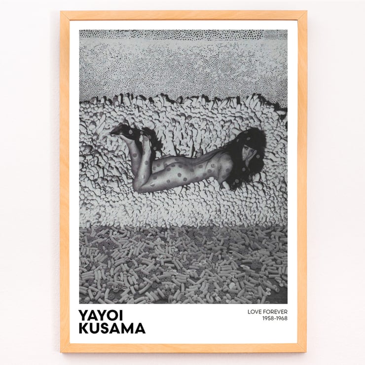 Yayoi Kusama Love Forever black and white artwork featuring a dotted figure on a textured background Poster of Yayoi Kusama's artwork featuring a black and white image of a woman with polka dots surrounded by textured shapes.