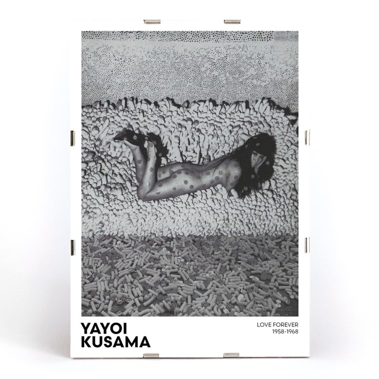 Yayoi Kusama Love Forever black and white artwork featuring a dotted figure on a textured background Poster of Yayoi Kusama's artwork featuring a black and white image of a woman with polka dots surrounded by textured shapes.