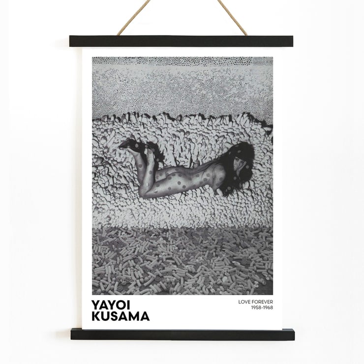 Yayoi Kusama Love Forever black and white artwork featuring a dotted figure on a textured background Poster of Yayoi Kusama's artwork featuring a black and white image of a woman with polka dots surrounded by textured shapes.